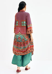 Multicolour Printed Crepe Kurta Palazzo With Potli Bag