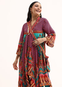 Multicolour Printed Crepe Kurta Palazzo With Potli Bag