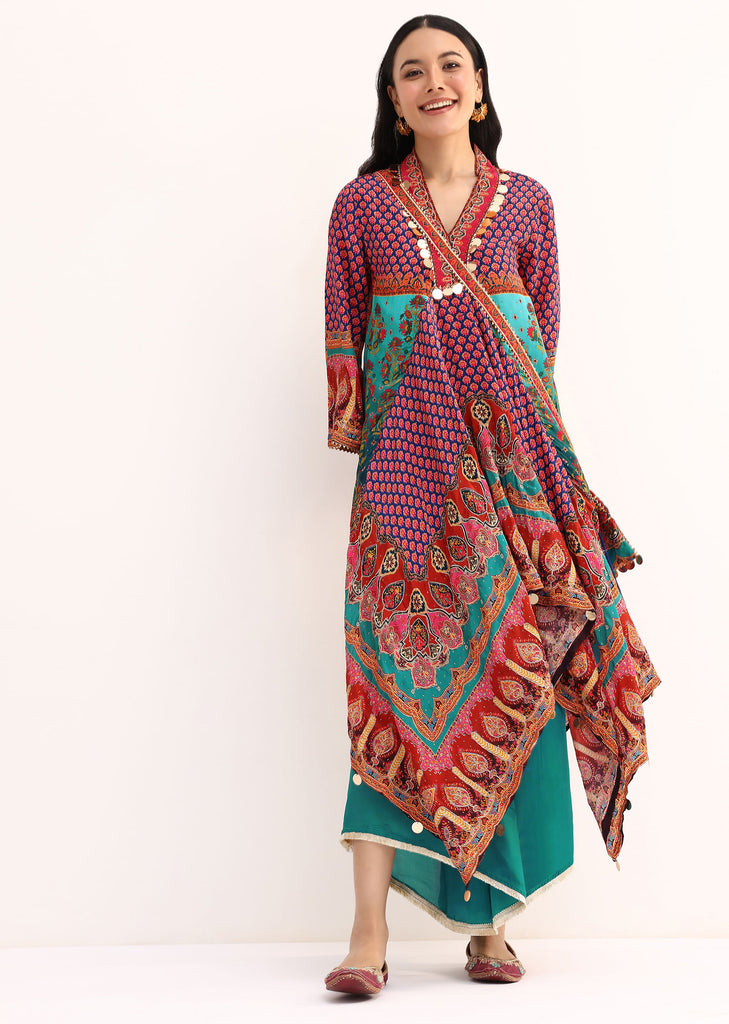 Multicolour Printed Crepe Kurta Palazzo With Potli Bag