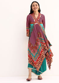 Multicolour Printed Crepe Kurta Palazzo With Potli Bag