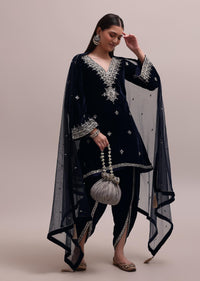 Navy Blue Velvet Dhoti Set With Flared-Sleeves Kurta And Embroidered Dupatta