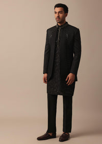 Classic Black Indowestern Featuring Exquisite Self Work For Men