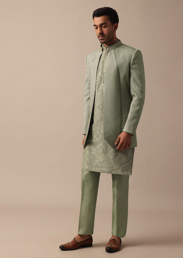 Elegant Green Indowestern Set Featuring Striking Self Work
