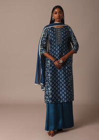 Indigo Blue Printed Palazzo Set With Zari Detail Kurta