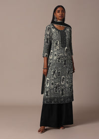 Black Printed Palazzo Set In Chiffon With Mirror Work Kurta