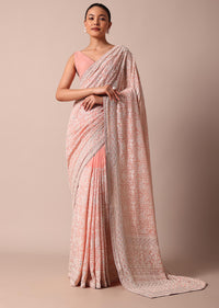 Pink Lucknowi Chikankari Saree With Sequins And Unstitched Blouse Piece