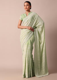 Green Lucknowi Sequin Saree With Chikankari Work And Unstitched Blouse Piece