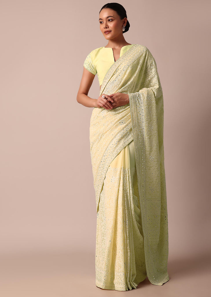 Yellow Lucknowi Chikankari Sequin Saree With Unstitched Blouse Piece