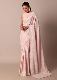 Pink Lucknowi Chikankari Saree With Sequin Embellishments