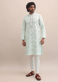 Sky Blue Thread Embroidered Cotton Silk Kurta Set For Men