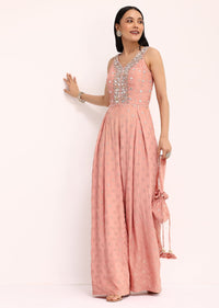 Peach Embroidered Jumpsuit With Potli Bag