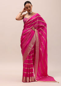 Hot Pink Silk Saree In Zari Work With Unstitched Blouse