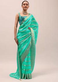 Aqua Blue Silk Saree In Zari Work With Unstitched Blouse