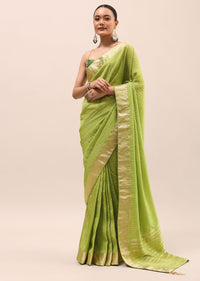 Mehendi Green Silk Saree In Zari Work With Unstitched Blouse