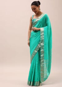 Blue Silk Saree In Zari Work With Unstitched Blouse