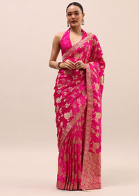 Pink Silk Saree In Butta Work With Unstitched Blouse