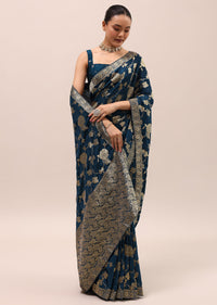 Navy Blue Silk Saree In Butta Work With Unstitched Blouse