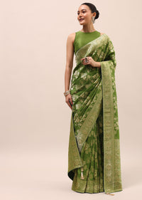 Green Silk Saree In Butta Work With Unstitched Blouse