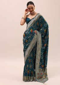 Peacock Blue Saree In Butta Work With Unstitched Blouse