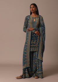 Blue Embroidered Sharara Set With Printed And Stone Work Kurta