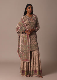 Peach Printed Embellished Kurta Palazzo Set