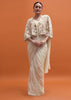 White Chiffon Embroidered Fusion Set With Attached Dupatta And Cape