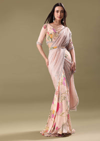 Pink Printed Crepe Frill Saree