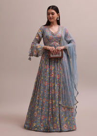 Grey Printed And Embroidered Festive Anarkali With A Net Dupatta