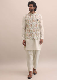 Beige Thread Embroidered Silk Kurta Jacket Set For Men