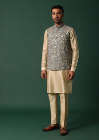 Grey Silk Jacket Kurta Set With Intricate Thread Work