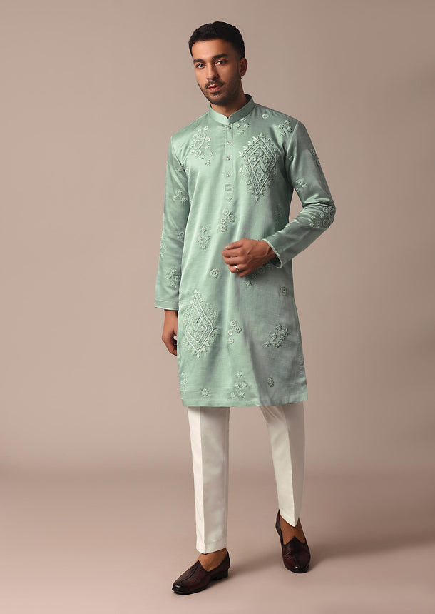 Green Linen Kurta Set With Intricate Handwork