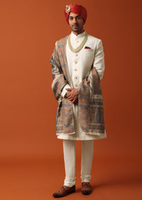 Elegant White Silk Sherwani Set With Pure Silk Pashmina Dupatta