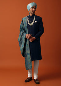 Navy Blue Silk Sherwani Set Featuring Pure Silk Pashmina Dupatta