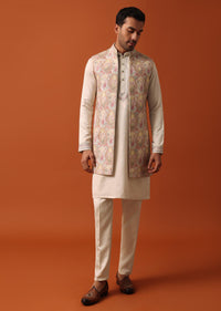 Elegant Beige Exquisite Embroidered Jacket Kurta Set