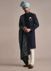 Blue Silk Sherwani With Pashmina Dupatta