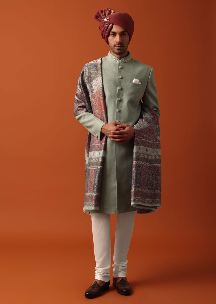 Green Sherwani Set Featuring Exquisite Neckline Embroidery With A Pashmina Dupatta
