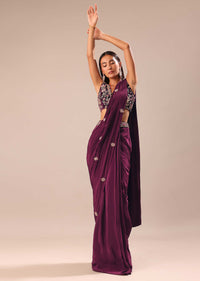 Wine Embroidered Pre Stitched Saree With Blouse