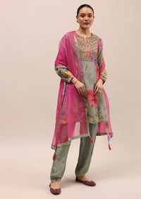 Grey And Pink Embroidered Kurta And Salwar With Dupatta