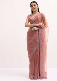 Dark Peach Embroidered Organza Saree With Unstitched Blouse