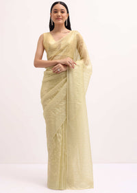 Golden Tone Embroidered Tissue Saree With Unstitched Blouse