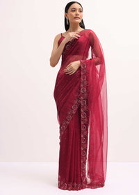 Red Organza Saree In Sequins With Unstitched Blouse