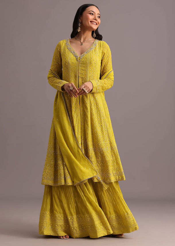 Yellow Embroidered Kurti And Skirt With Butti Work Dupatta