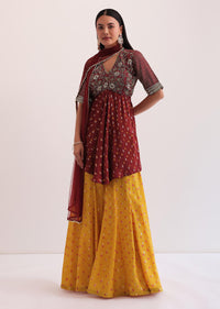 Maroon And Mustard Embroidered Palazzo Set