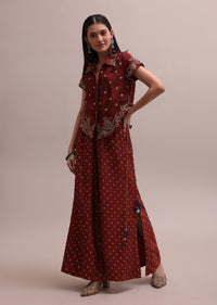 Rich Maroon Silk Embroidered Crop Top And Bandhani Print Pants Co-ord Set