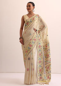 White Cotton Linen Saree With Thread Work And Unstitched Blouse