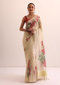 Beige Red Floral Cotton Linen Saree With Unstitched Blouse