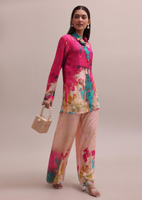 Pastel Pink Shell Worked Linen Summer Co-ord Set With Abstract Floral Prints