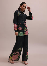 Black Sequin Worked Linen Summer Co-ord Set With Floral Prints