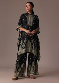 Black Embroidered Printed Silk Kaftan Co Ord Set