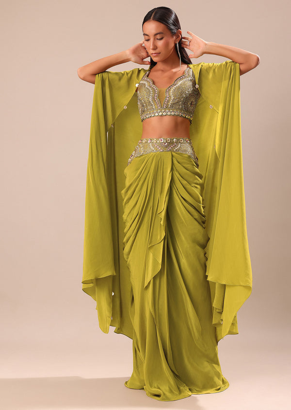 Lime Green Dhoti With Embroidered Blouse And Cape